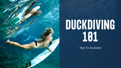 a woman duckdiving a wave with the text duckdiving 101 learn to duckdive
