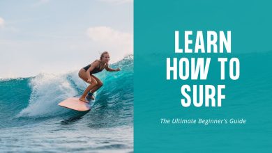 a woman surfing next to the text learn how to surf