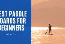 best paddle board for beginners in text, with a man on a paddle board on a lake