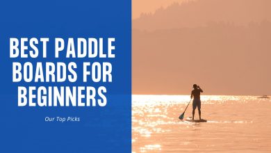 best paddle board for beginners in text, with a man on a paddle board on a lake