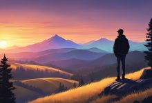 a man staring out into the mountains at sunset