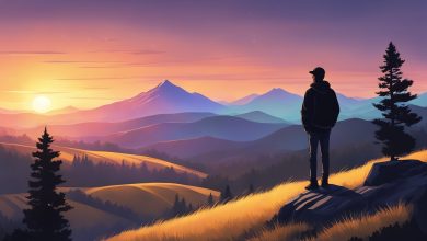 a man staring out into the mountains at sunset